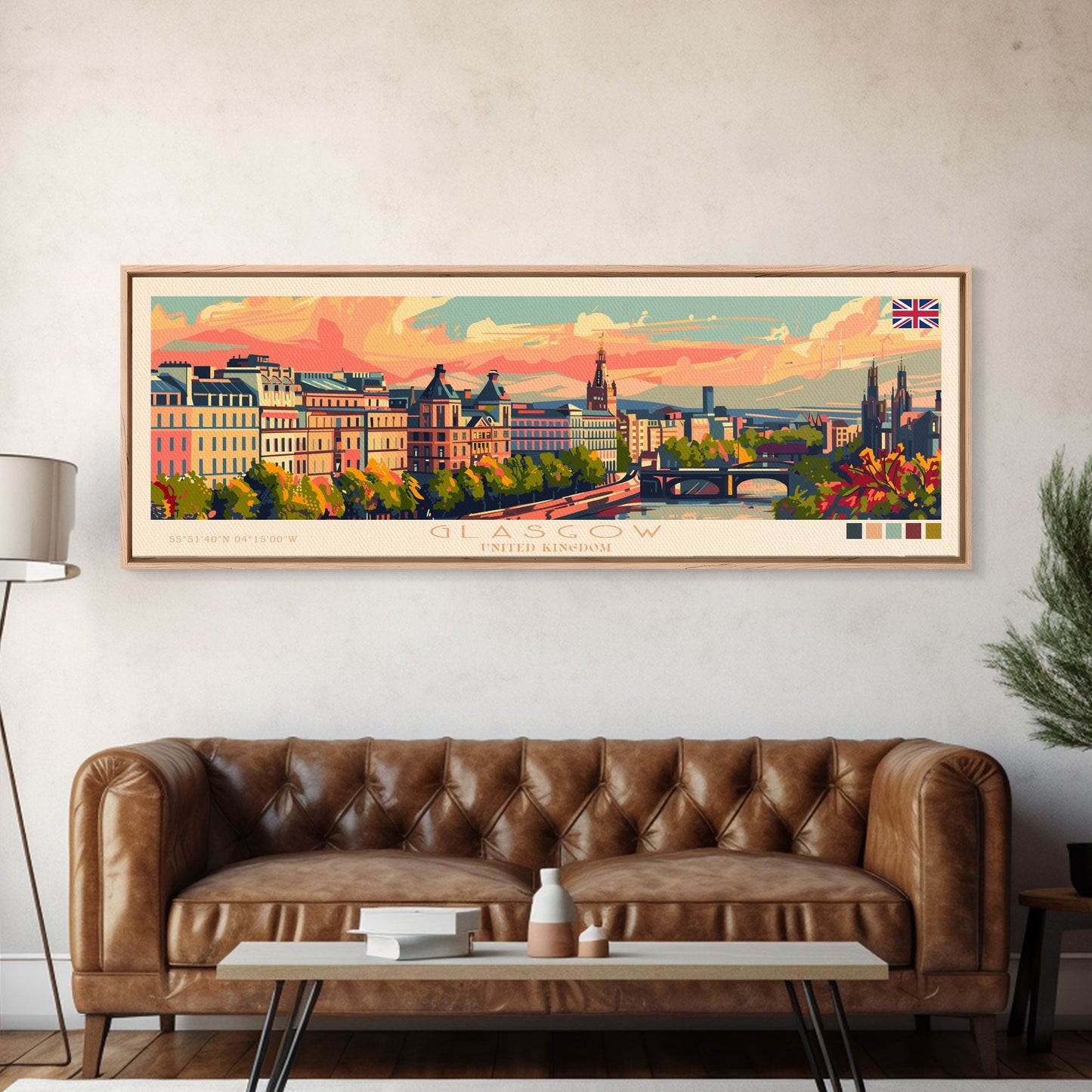 Glasgow, Vereinigtes Königreich – Reisekunst, Stadtkunst, gerahmter Leinwanddruck oder Wandbild aus Metall, Europa-Reiseposter, Panorama-Wandbild, extra breites Wandbild