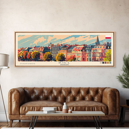 Kiel Germany Panoramic Travel Poster, Framed Canvas Print or Metal Wall Art, Travel Art, Home Decor, Panoramic Painting, Midcentury Art