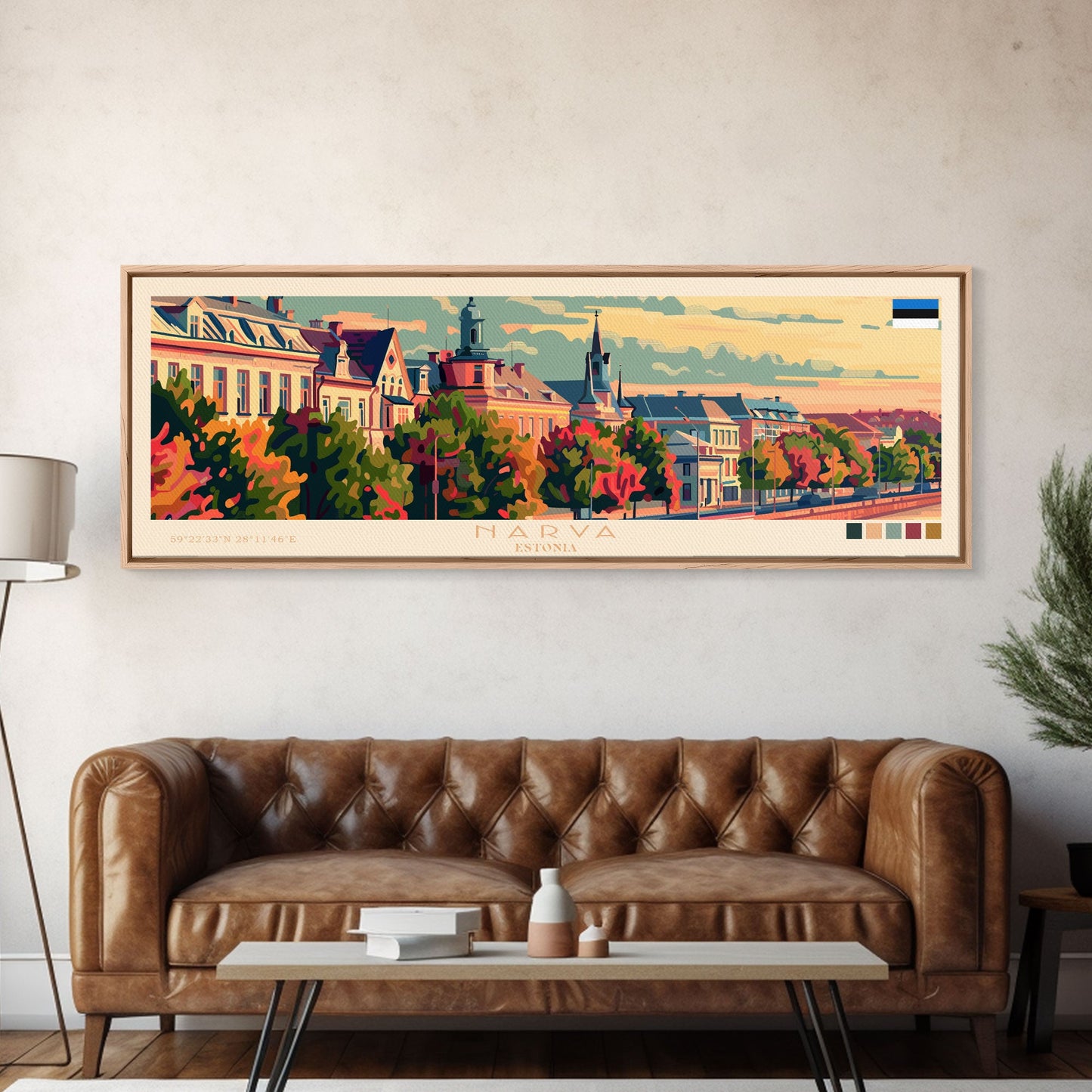 Narva, Estland – Panorama-Reiseposter, gerahmter Leinwanddruck oder Wandbild aus Metall, Reisekunst, Wohndekoration, Panoramagemälde, Kunst der Mitte des 20. Jahrhunderts