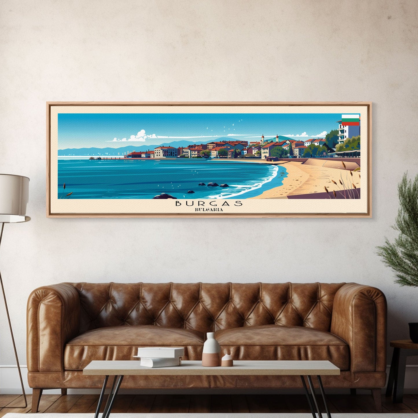 Burgas Bulgaria Panoramic Travel Poster, Framed Canvas Print or Metal Wall Art, Travel Art, Home Decor, Panoramic Painting, Midcentury Art