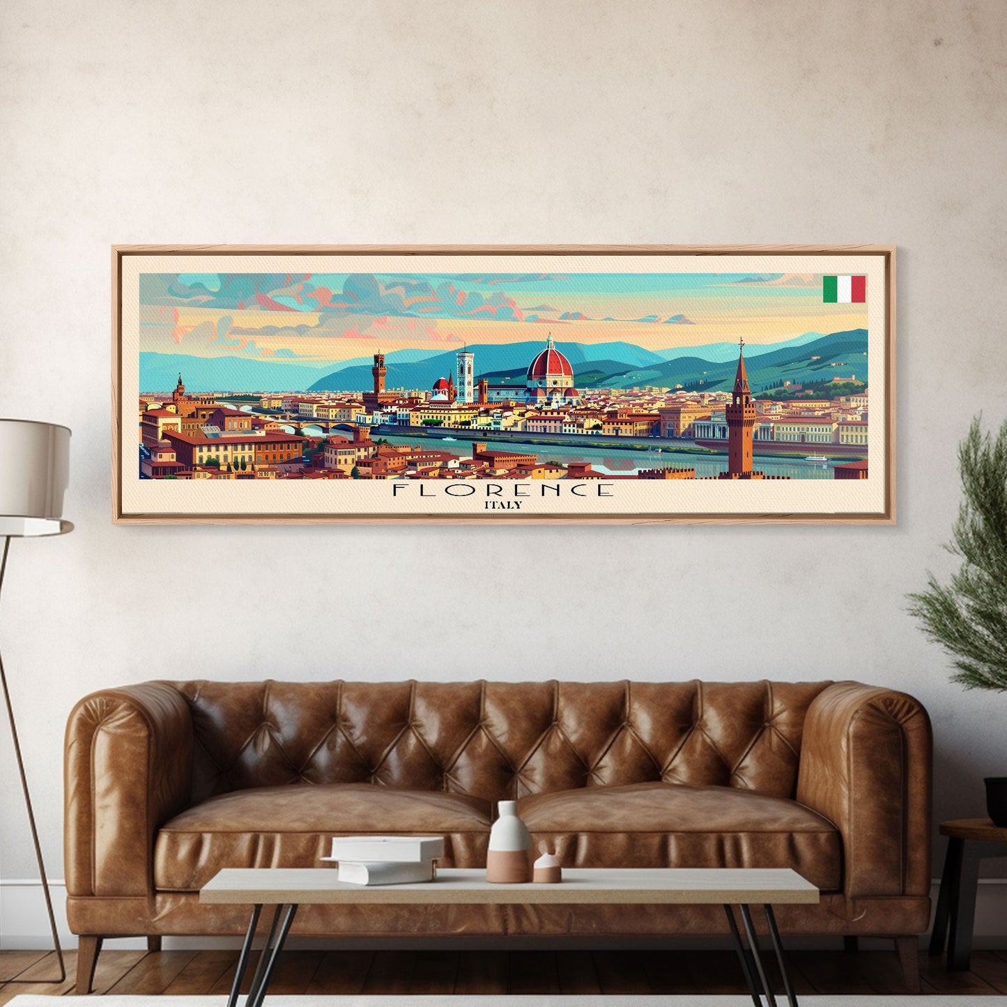 Florence Italy Panoramic Travel Poster, Framed Canvas Print or Metal Wall Art, Travel Art, Home Decor, Panoramic Painting, Midcentury Art