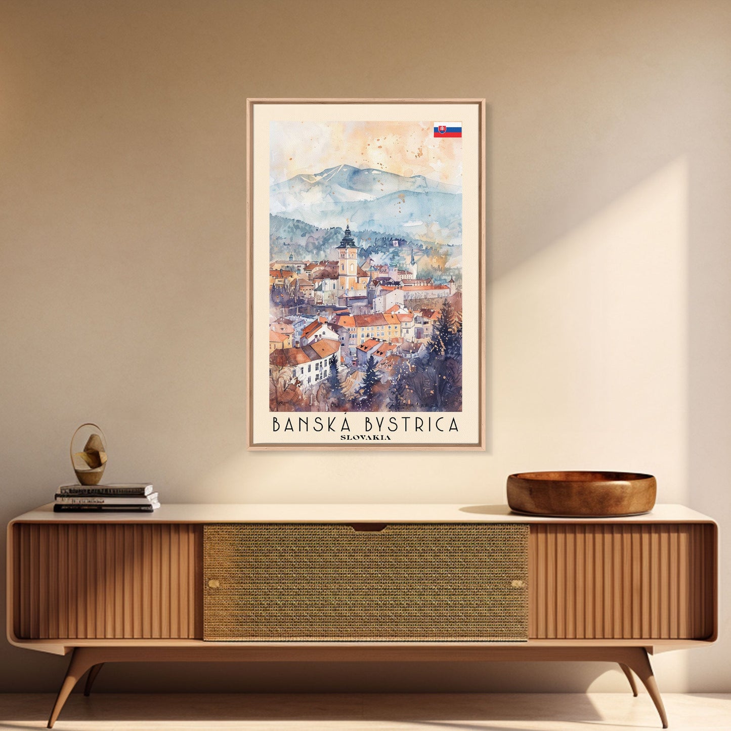 Banska Bystrica Slovakia Travel Poster Framed Canvas Print, Wall Art, Home Decor, Vacation Print, Watercolor Painting, Cityscape Art