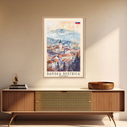 Banska Bystrica Slovakia Travel Poster Framed Canvas Print, Wall Art, Home Decor, Vacation Print, Watercolor Painting, Cityscape Art