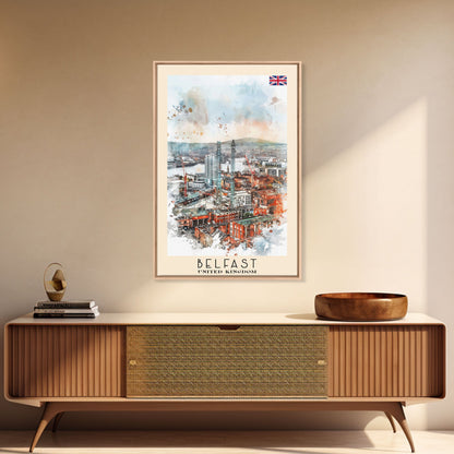 Belfast United Kingdom Travel Poster Framed Canvas Print, Wall Art, Living Room Art, Watercolor Painting, Original Art