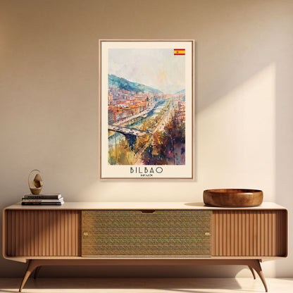 Bilbao Spain Travel Poster Framed Canvas Print, Watercolor Painting, Wall Art, Home Decor, Scenic Travel Print, Cityscape Art