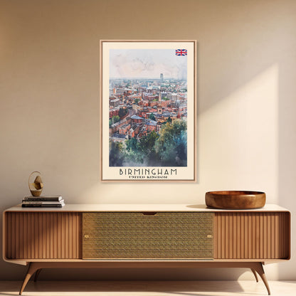 Birmingham United Kingdom Travel Poster Framed Canvas Print, Watercolor Art, Home Decor, Wall Art, Travel Print, Cityscape Art
