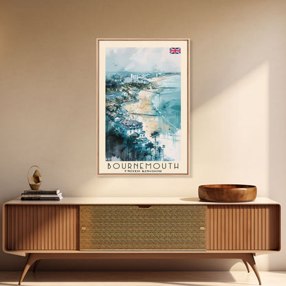 Bournemouth United Kingdom Travel Poster Framed Canvas Print, Wall Art, Home Decor, Travel Print, Beach View, Watercolor Art