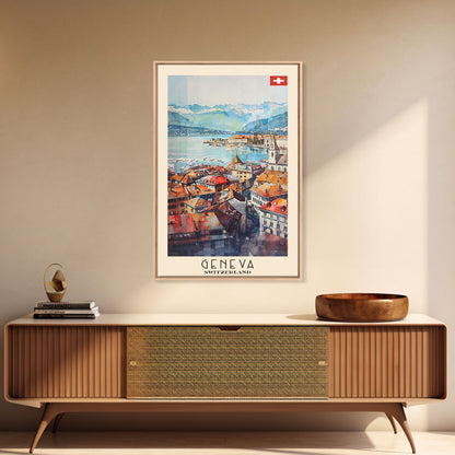 Geneva, Switzerland Travel Poster Art, Framed Canvas Print for Living Room or Bedroom, Scenic Wall Art, Home Decoration