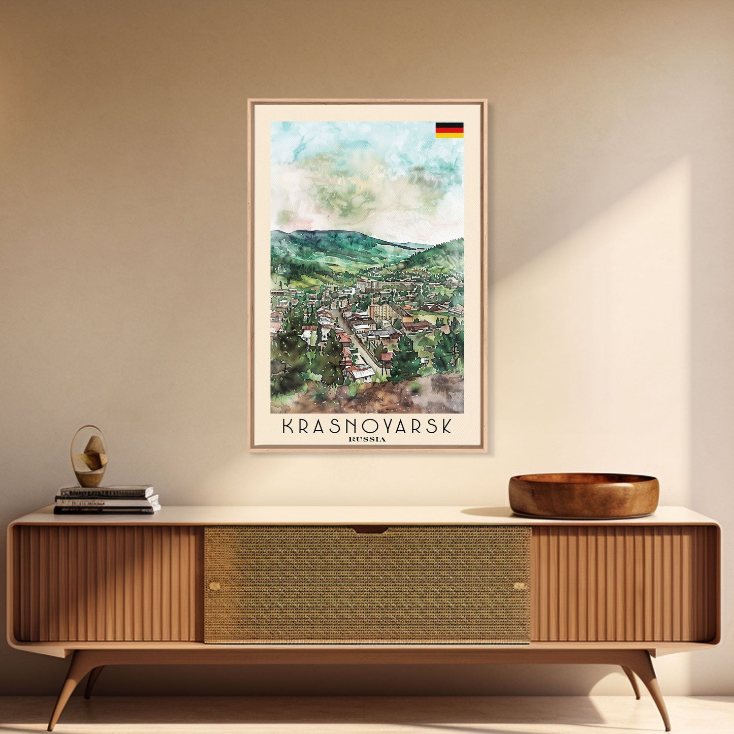 Krasnoyarsk Russia Travel Poster Framed Canvas Print, Watercolor Cityscape, Home Decor, Wall Art, Scenic Painting, Travel Print, Artistic Gift