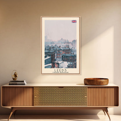 Leeds United Kingdom Travel Poster Framed Canvas Print, Urban Cityscape, Watercolor Art, Wall Decoration, Travel Print, Unique Art Gift
