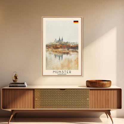 Münster Germany Travel Poster Framed Canvas Print, Historic Architecture, Watercolor Painting, Wall Art, Interior Design, Travel Print, Unique Art