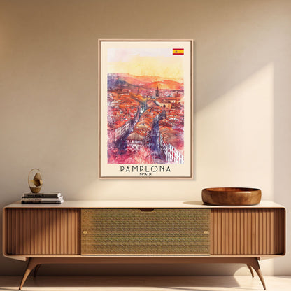 Pamplona Spain Travel Poster Framed Canvas Print, Watercolor Painting, Urban Wall Art, Home Decor, Spanish Architecture, Classic Art