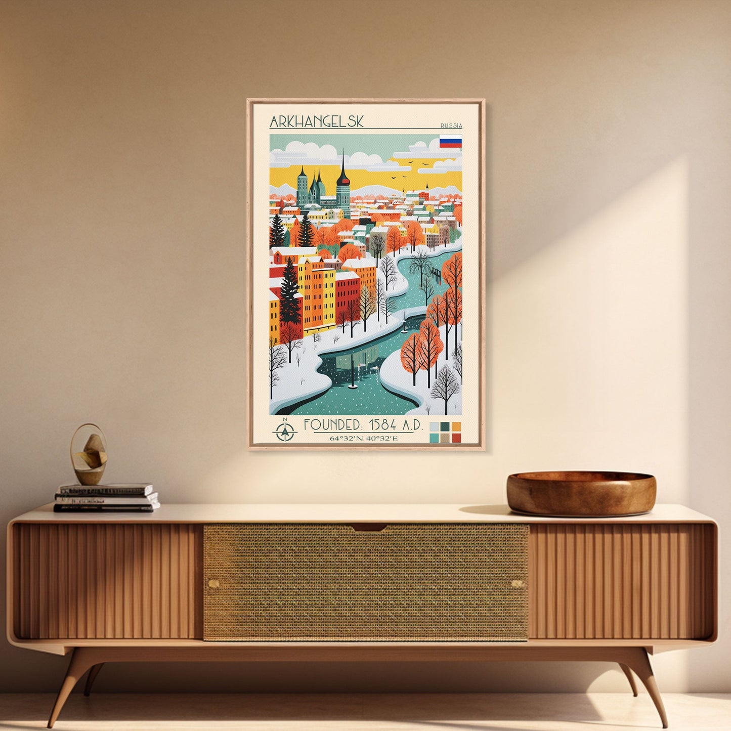 Arkhangelsk Russia Travel Poster Framed Canvas Print, Midcentury Modern Art, Pop Art Wall Decor, Home Decor, Vacation Gift, Living Room Art