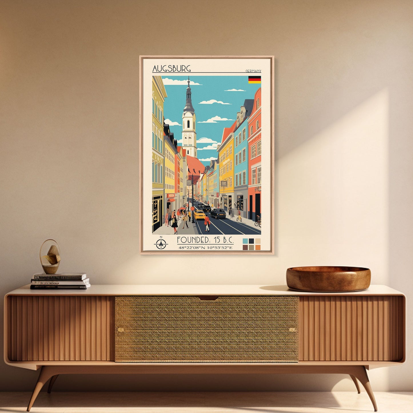 Augsburg Germany Travel Poster Framed Canvas Print, Midcentury Modern Art, Pop Art Wall Decor, Home Decor, Vacation Gift, Living Room Art