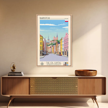 Białystok Poland Travel Poster Framed Canvas Print, Midcentury Modern Art, Pop Art Wall Decor, Home Decor, Vacation Gift, Living Room Art