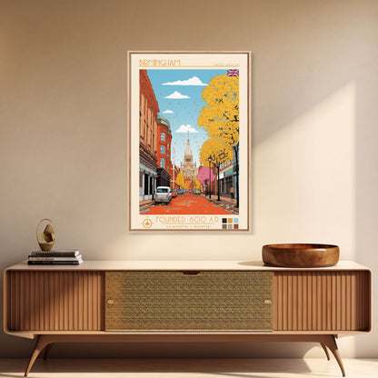 Birmingham UK Travel Poster Framed Canvas Print, Midcentury Modern Art, Pop Art Wall Decor, Home Decor, Living Room Decoration