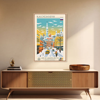 Blagoveshchensk Russia Travel Poster Framed Canvas Print, Midcentury Modern Art, Pop Art Home Decor, Scenic Wall Art, Unique Gift