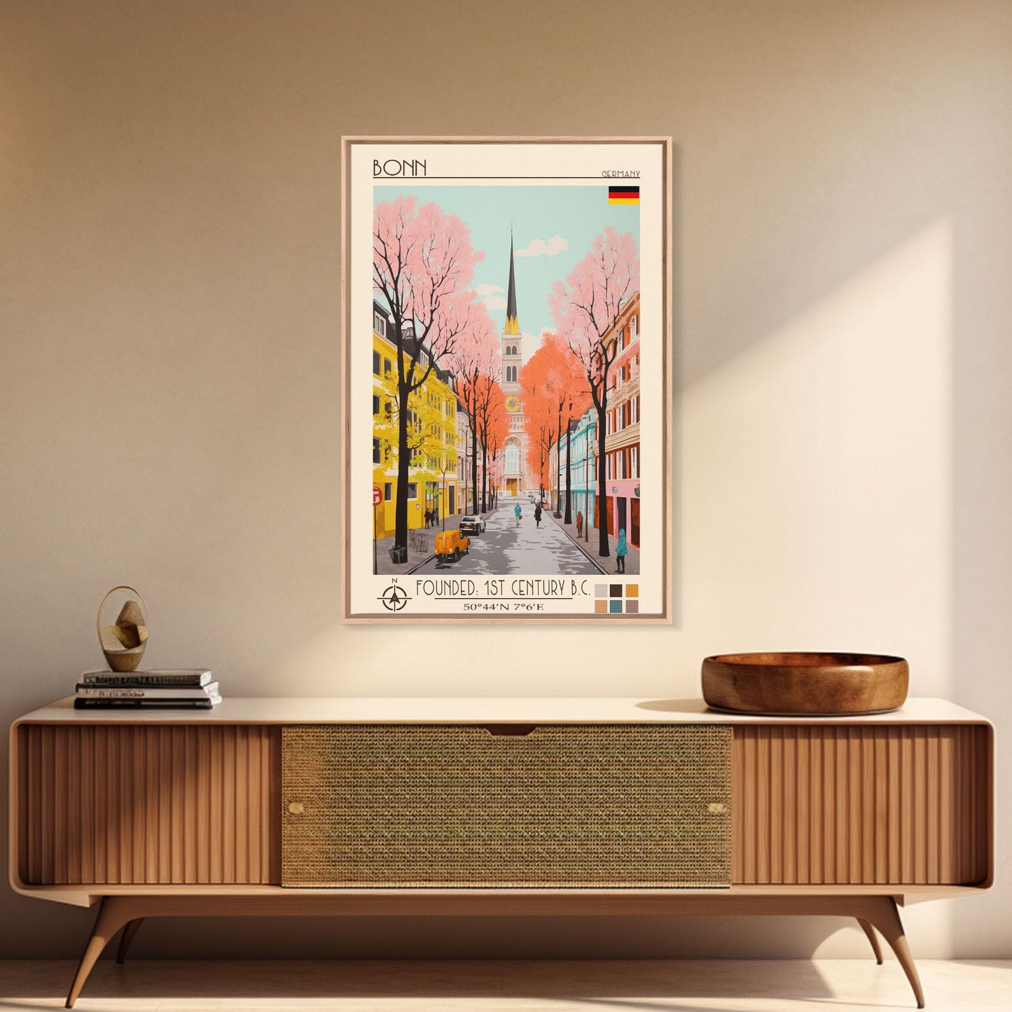 Bonn Germany Travel Poster Framed Canvas Print, Midcentury Modern Art, Pop Art Wall Decor, Home Decor, Living Room Art, Cultural Gift