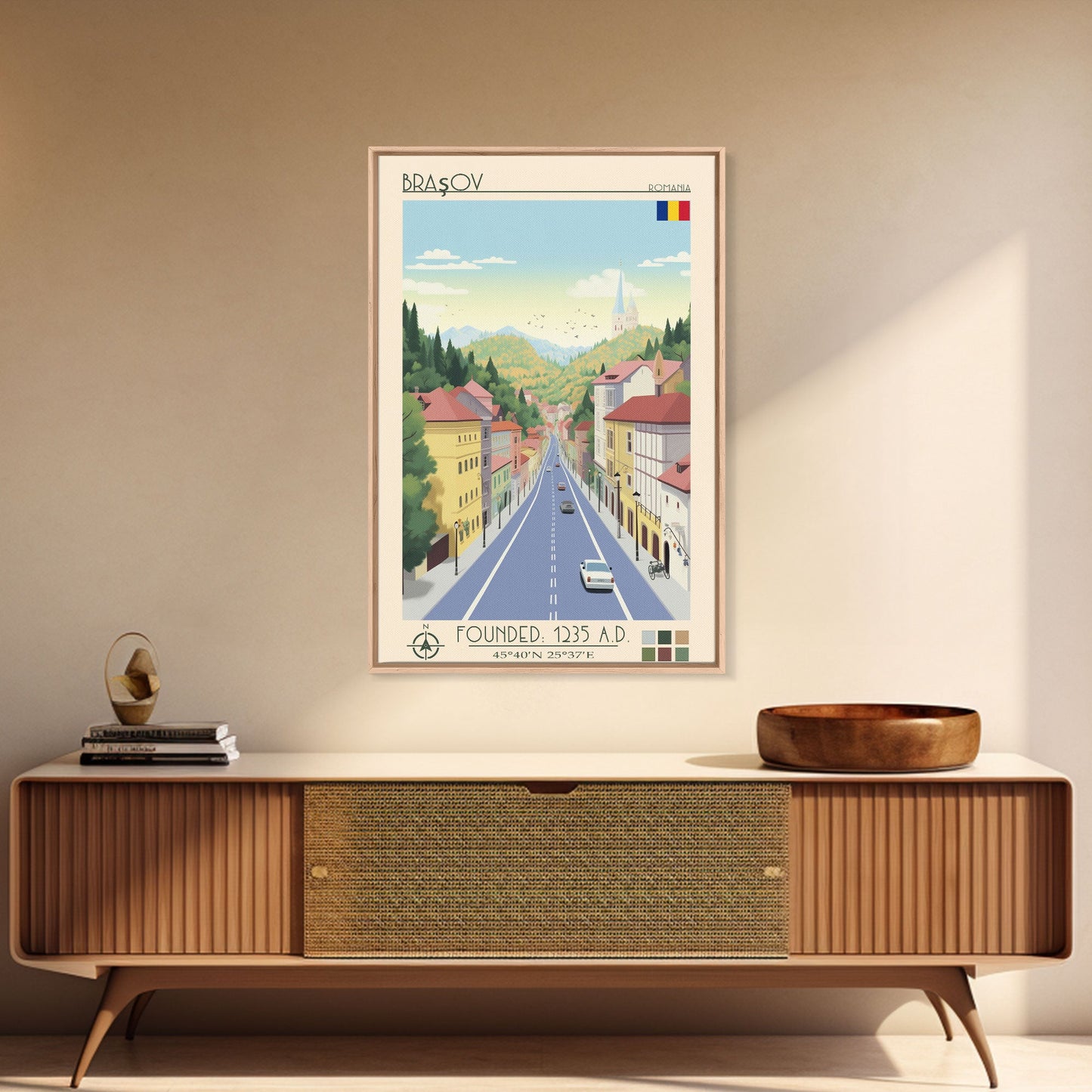 Brașov Romania Travel Poster Framed Canvas Print, Midcentury Modern Art, Pop Art Wall Decor, Home Decor, Vacation Gift, Living Room Art