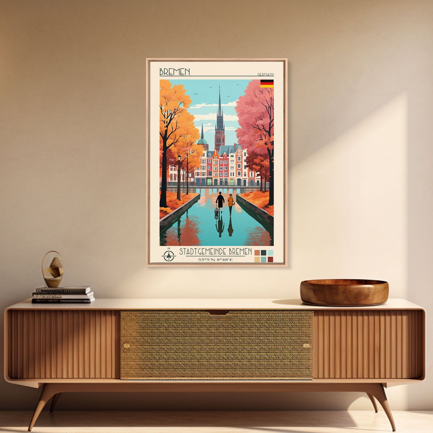 Bremen Germany Travel Poster Framed Canvas Print, Midcentury Modern Art, Pop Art Wall Decor, Home Decor, Vacation Gift, Living Room Art