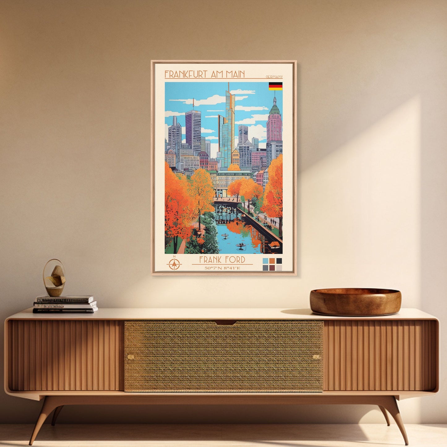 Frankfurt Germany Travel Poster Framed Canvas Print, Midcentury Modern Art, Pop Art Wall Decor, Scenic Wall Art, Living Room Decoration, Office Gift