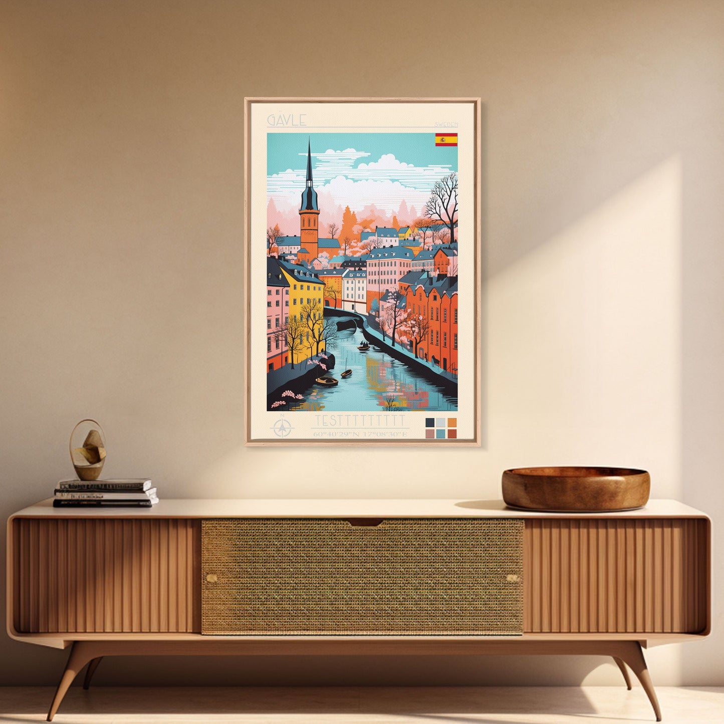 Gävle Sweden Travel Poster Framed Canvas Print, Midcentury Modern Art, Pop Art Wall Decor, Scenic Wall Art, Bedroom Decoration