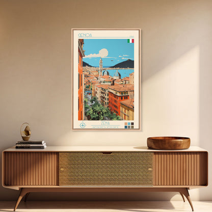 Genoa Italy Travel Poster Framed Canvas Print, Midcentury Modern Art, Pop Art Wall Decor, Scenic Wall Art, Living Room Decoration, Office Gift