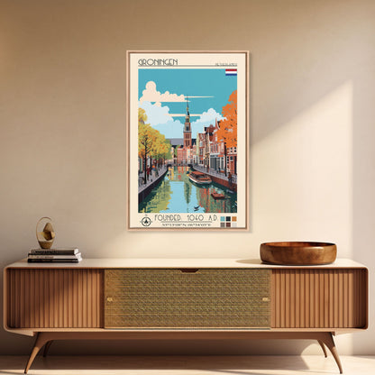 Groningen Netherlands Travel Poster Framed Canvas Print, Midcentury Modern Art, Pop Art Wall Decor, Scenic Living Room Art, Bedroom Gift