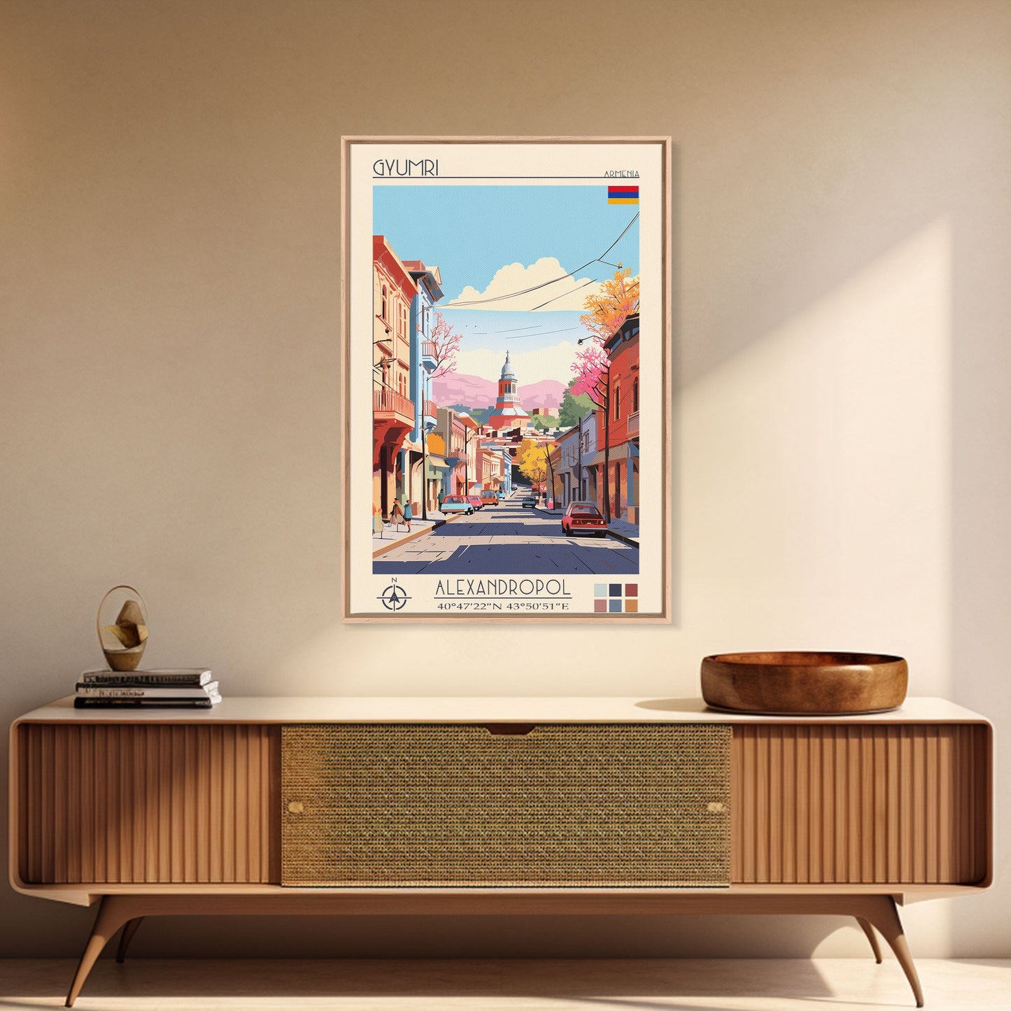 Gyumri Armenia Travel Poster Framed Canvas Print, Midcentury Modern Art, Pop Art Wall Decor, Home Decor, Vacation Gift, Bedroom Art