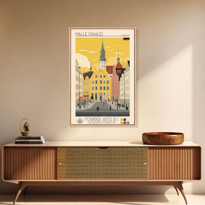 Halle Germany Travel Poster Framed Canvas Print, Midcentury Modern Art, Pop Art Wall Decor, Scenic Living Room Art, Bedroom Decor