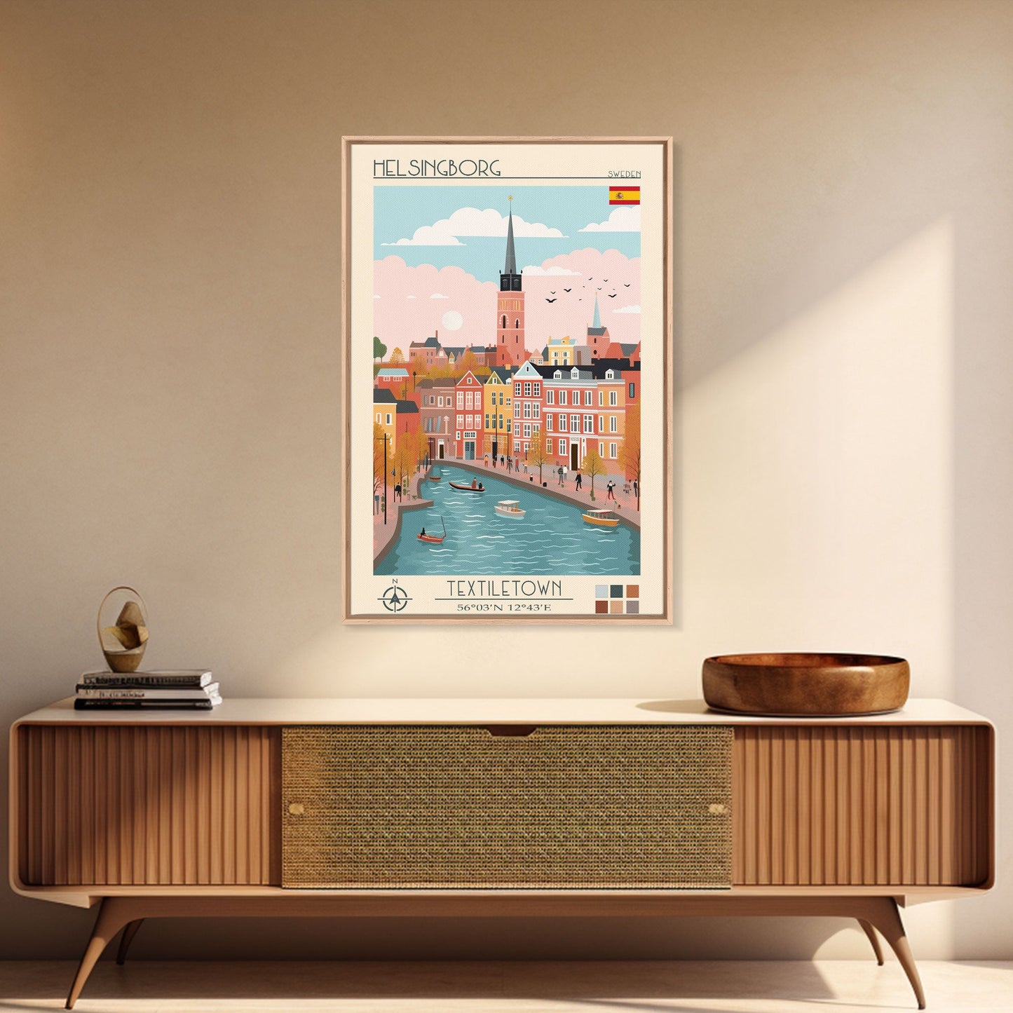 Helsingborg Sweden Travel Poster Framed Canvas Print, Midcentury Modern Art, Pop Art Wall Decor, Scenic Wall Art, Bedroom Decoration, Office Art