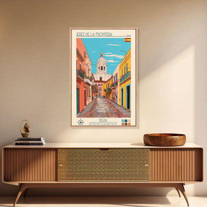 Jerez de la Frontera Spain Travel Poster Framed Canvas Print, Midcentury Modern Art, Pop Art Wall Decor, Scenic Bedroom Art, Office Decoration