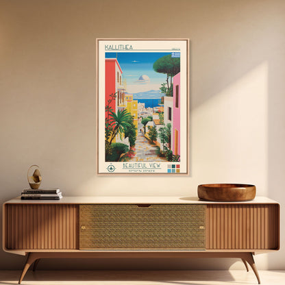 Kallithea Greece Travel Poster Framed Canvas Print, Midcentury Modern Art, Pop Art Wall Decor, Scenic Wall Art, Living Room Decoration, Office Gift