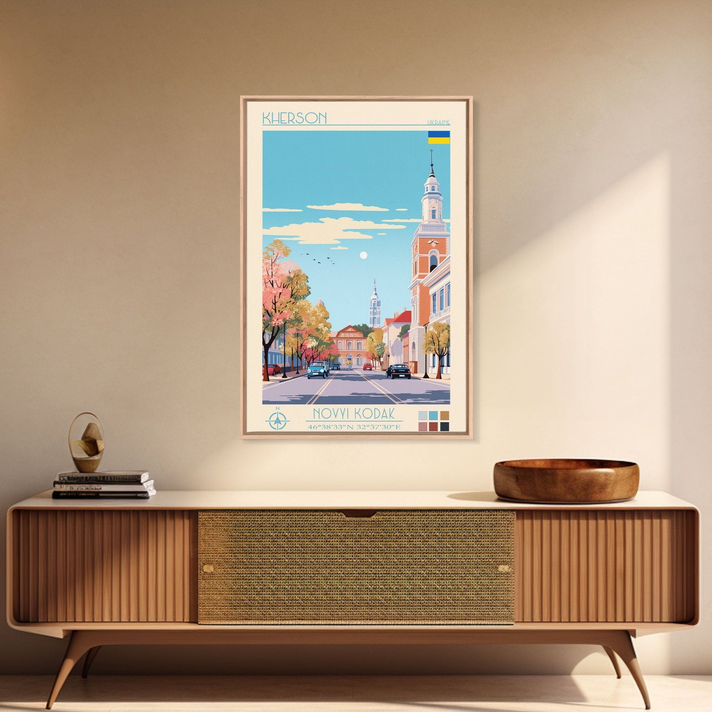 Kherson Ukraine Travel Poster Framed Canvas Print, Midcentury Modern Art, Pop Art Wall Decor, Scenic Wall Art, Living Room Decoration, Office Art