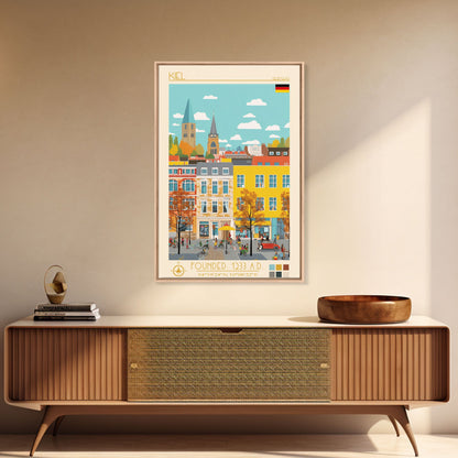 Kiel Germany Travel Poster Framed Canvas Print, Midcentury Modern Art, Pop Art Wall Decor, Scenic Wall Art, Living Room Decoration, Office Art