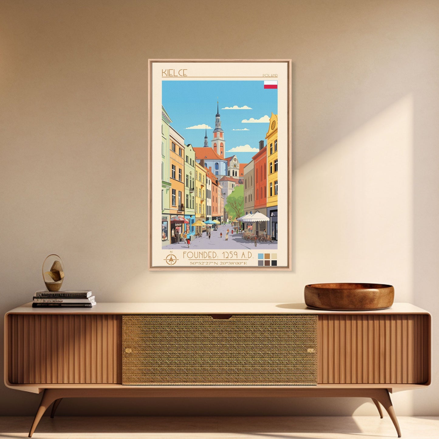 Kielce Poland Travel Poster Framed Canvas Print, Midcentury Modern Art, Pop Art Wall Decor, Scenic Wall Art, Bedroom Decoration