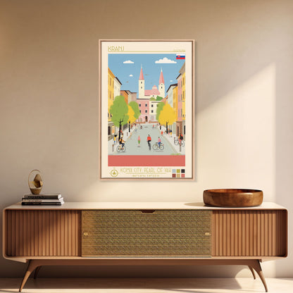 Kranj Slovenia Travel Poster Framed Canvas Print, Midcentury Modern Art, Pop Art Wall Decor, Scenic Wall Art, Bedroom Decoration
