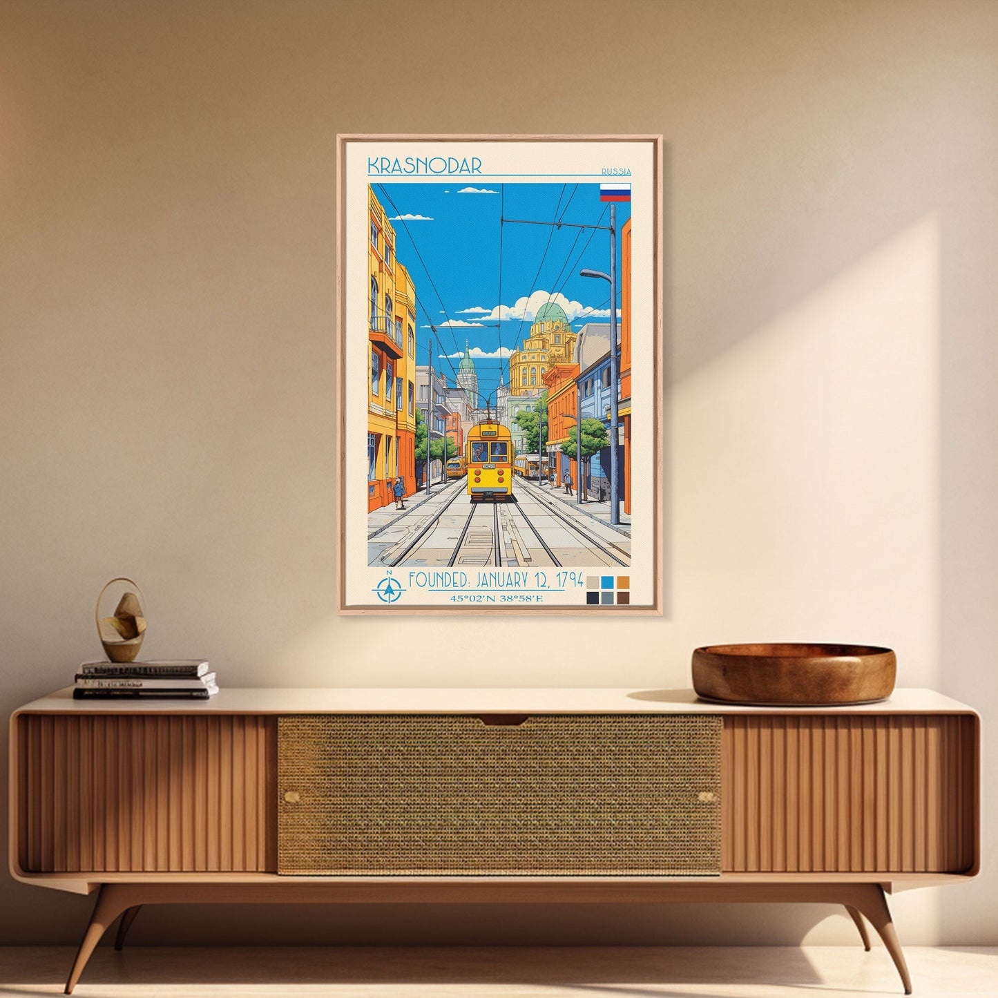 Krasnodar Russia Travel Poster Framed Canvas Print, Midcentury Modern Art, Pop Art Wall Decor, Scenic Wall Art, Living Room Decoration, Office Art