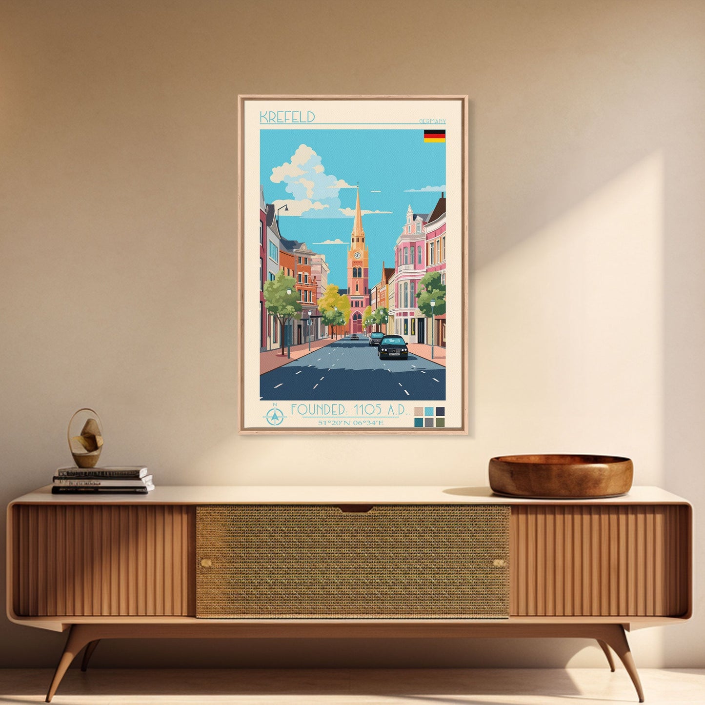 Krefeld Germany Travel Poster Framed Canvas Print, Midcentury Modern Art, Pop Art Wall Decor, Scenic Living Room Art, Bedroom Decor