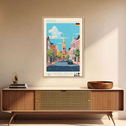 Krefeld Germany Travel Poster Framed Canvas Print, Midcentury Modern Art, Pop Art Wall Decor, Scenic Living Room Art, Bedroom Decor