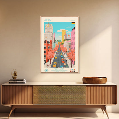Leipzig Germany Travel Poster Framed Canvas Print, Midcentury Modern Art, Pop Art Wall Decor, Scenic Living Room Art, Bedroom Gift