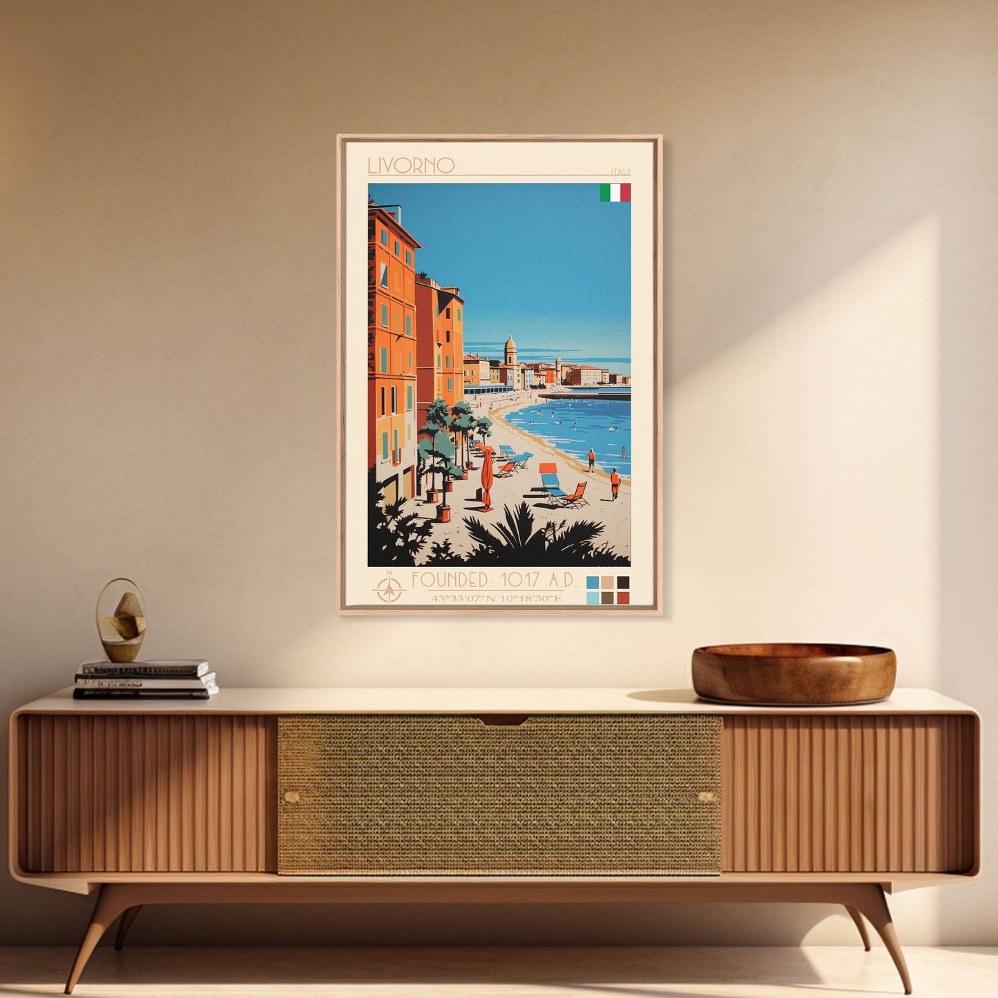 Livorno Italy Travel Poster Framed Canvas Print, Wall Decor, Midcentury Modern Art, Pop Art, Scenic Art for Bedroom and Office