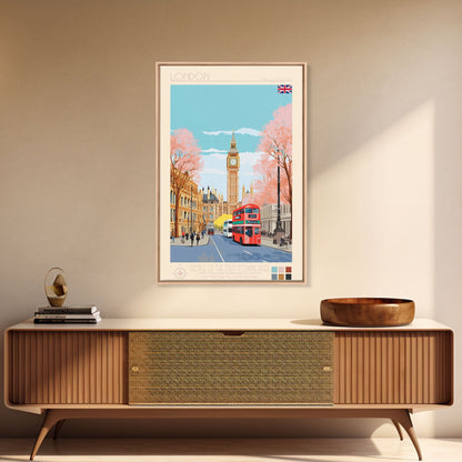 London United Kingdom Travel Poster Framed Canvas Print, Wall Decor, Midcentury Modern Art, Pop Art, Scenic Art for Office and Home