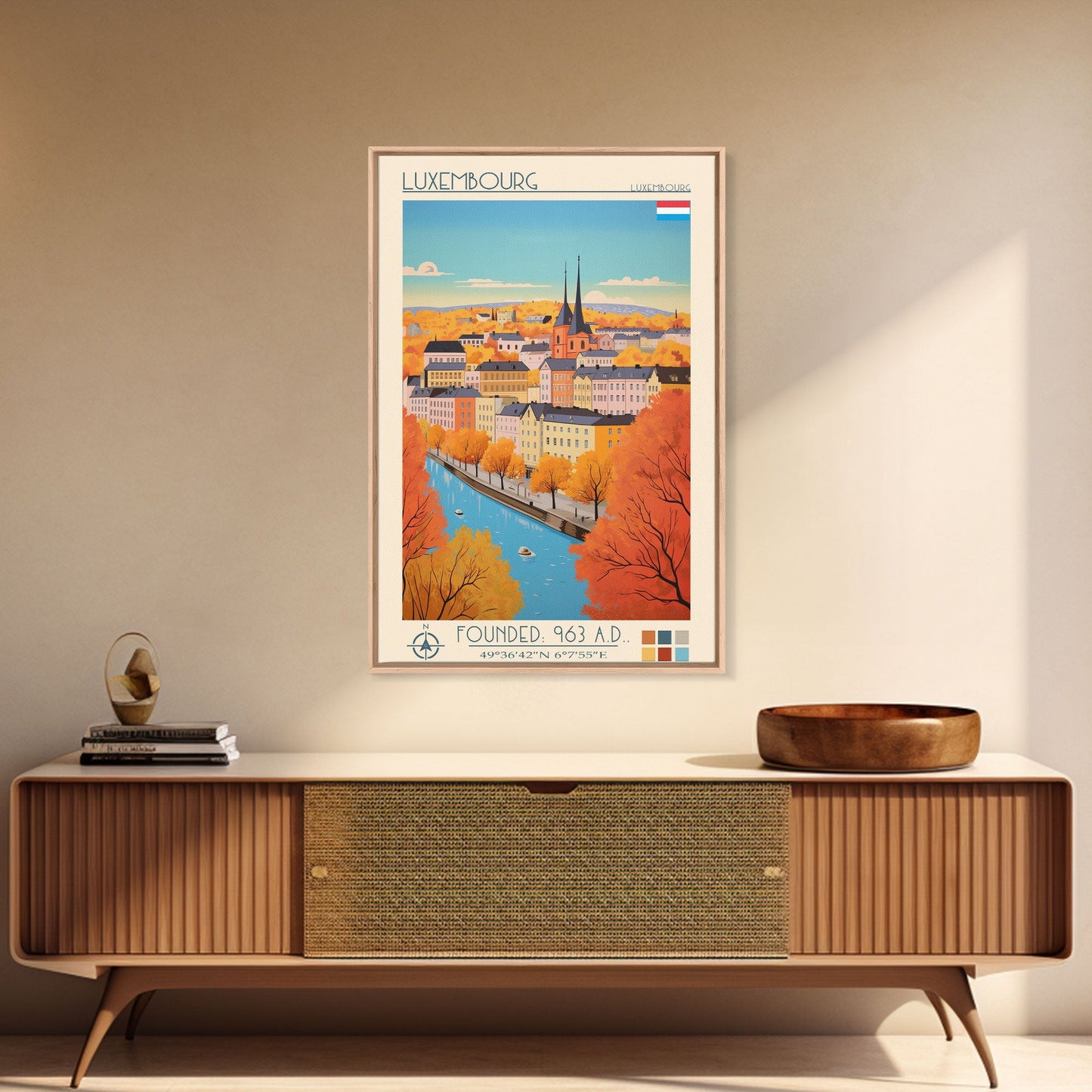 Luxembourg Luxembourg Travel Poster Framed Canvas Print, Midcentury Modern Art, Pop Art Wall Decor, Scenic Art, Bedroom and Living Room Decor