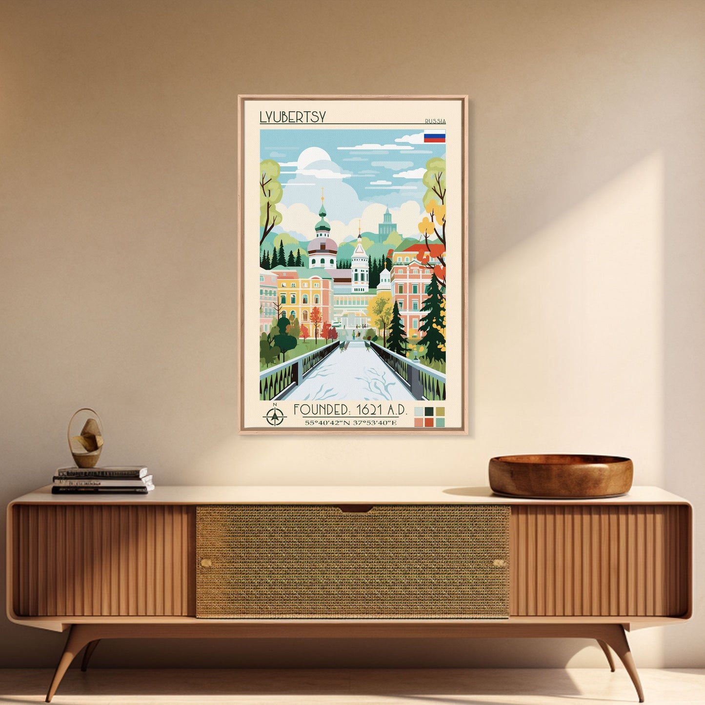 Lyubertsy Russia Travel Poster Framed Canvas Print, Midcentury Modern Art, Pop Art Wall Decor, Scenic Living Room Art, Bedroom Decor