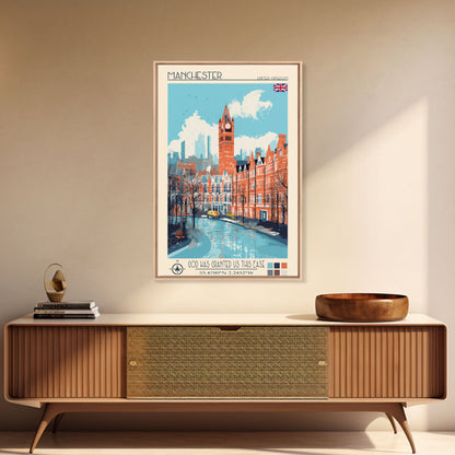 Manchester United Kingdom Travel Poster Framed Canvas Print, Midcentury Modern Art, Pop Art Wall Decor, Scenic Wall Art, Living Room Decoration, Office Art