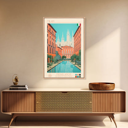 Milan Italy Travel Poster Framed Canvas Print, Midcentury Modern Art, Pop Art Wall Decor, Scenic Bedroom Art, Office Decoration