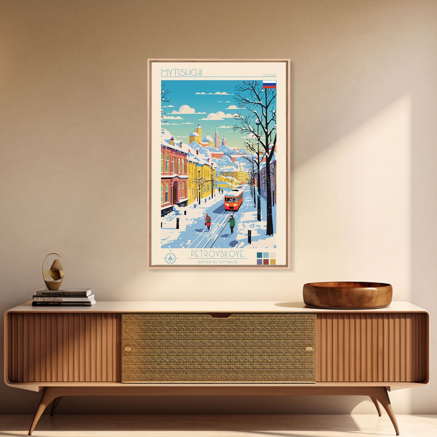 Mytishchi Russia Travel Poster Framed Canvas Print, Midcentury Modern Art, Pop Art Wall Decor, Scenic Living Room Art, Bedroom Decor
