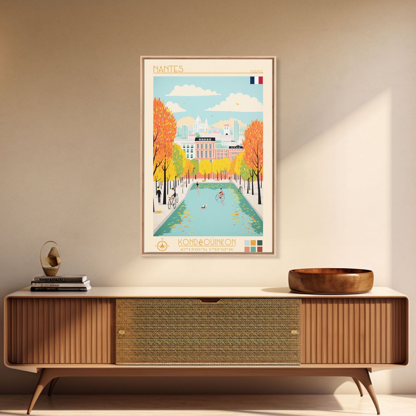 Nantes France Travel Poster Framed Canvas Print, Midcentury Modern Art, Pop Art Wall Decor, Scenic Wall Art, Bedroom Decoration