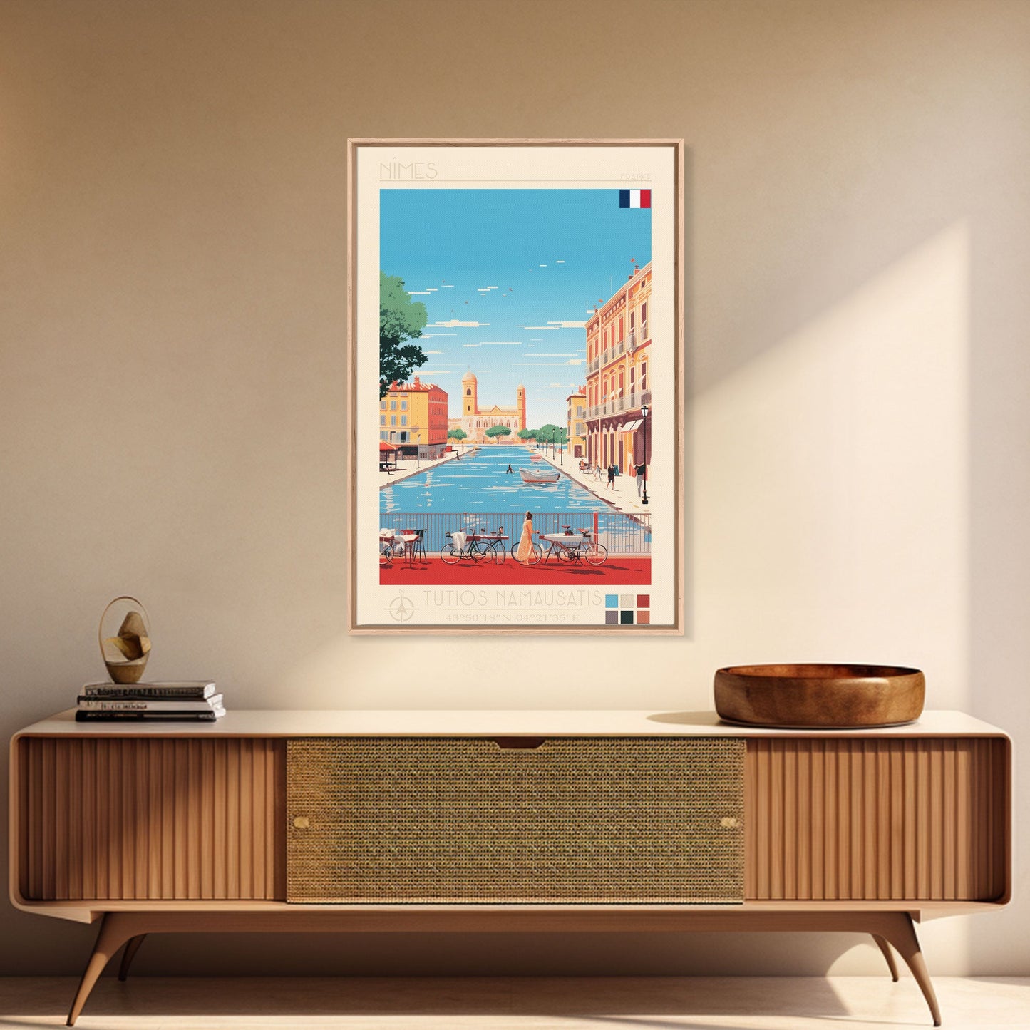 Nimes France Travel Poster Framed Canvas Print, Midcentury Modern Art, Pop Art Wall Decor, Scenic Living Room Art, Bedroom Gift